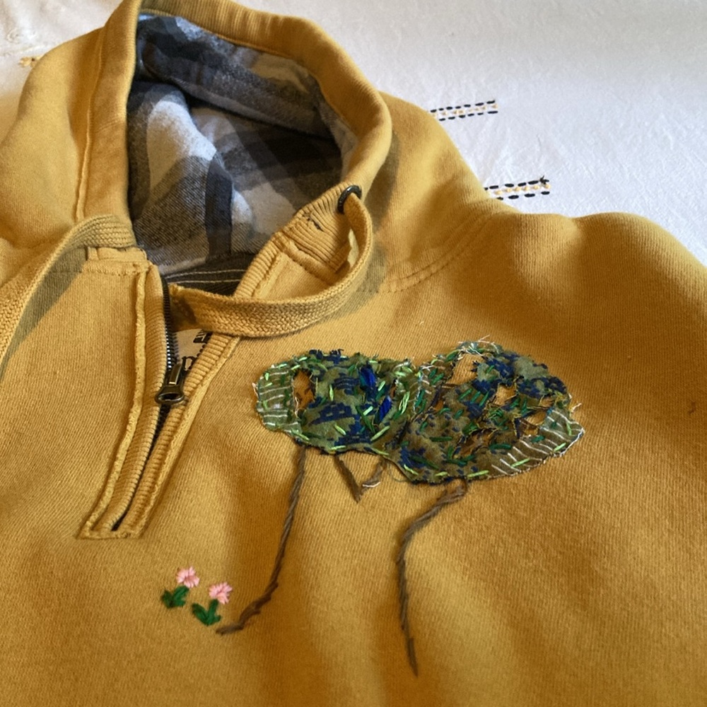 Upcycled Repurposed hooded sweatshirt with appliqué and embroidery - Picture 12 of 16